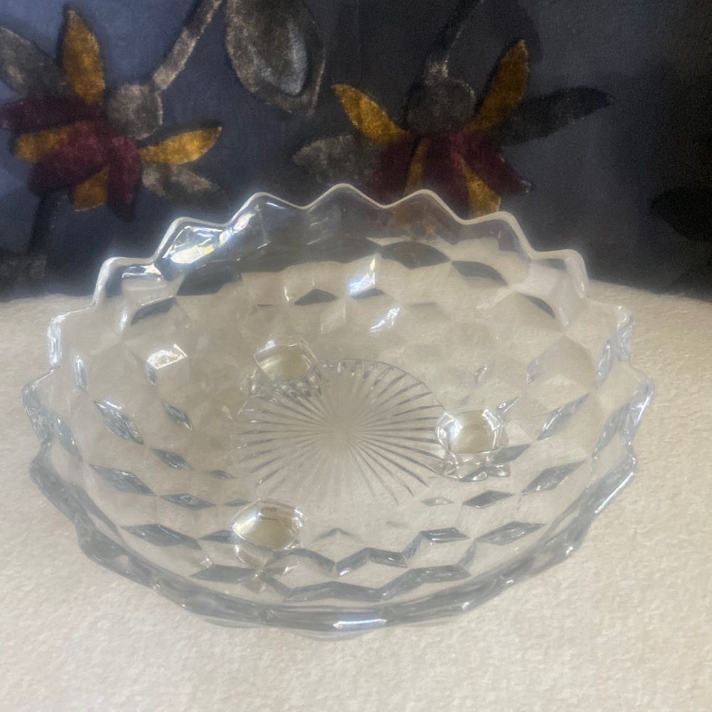 Vintage Fostoria cubist design clear glass footed 7” round triangle edge dish